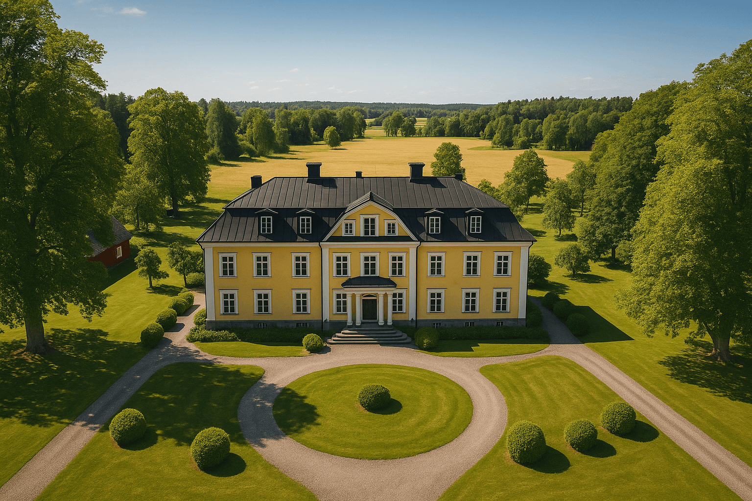 Fågelperspektiv av en klassisk svensk herrgård med gul fasad, omgiven av grönskande trädgård, grusvägar och öppna fält – perfekt för konferenser nära Stockholm.